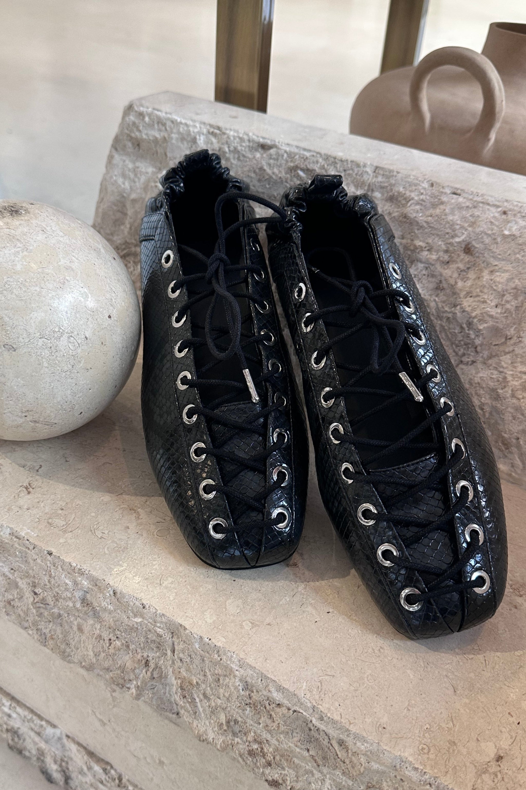 Ganni | Lace Up Ballerina | Black Oyster Snake – One of a few